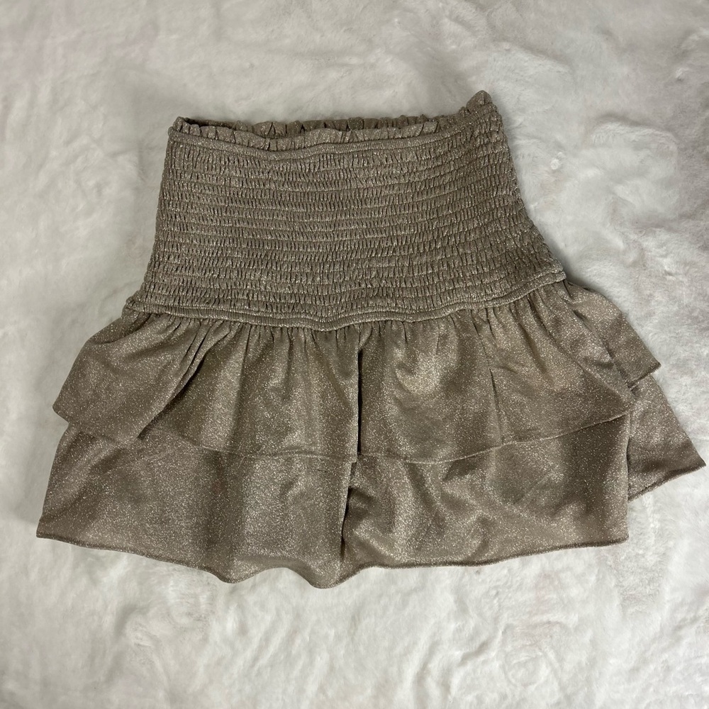 Storia Metallic taupe Smocked Ruffle Mini Skirt Boho Chic S